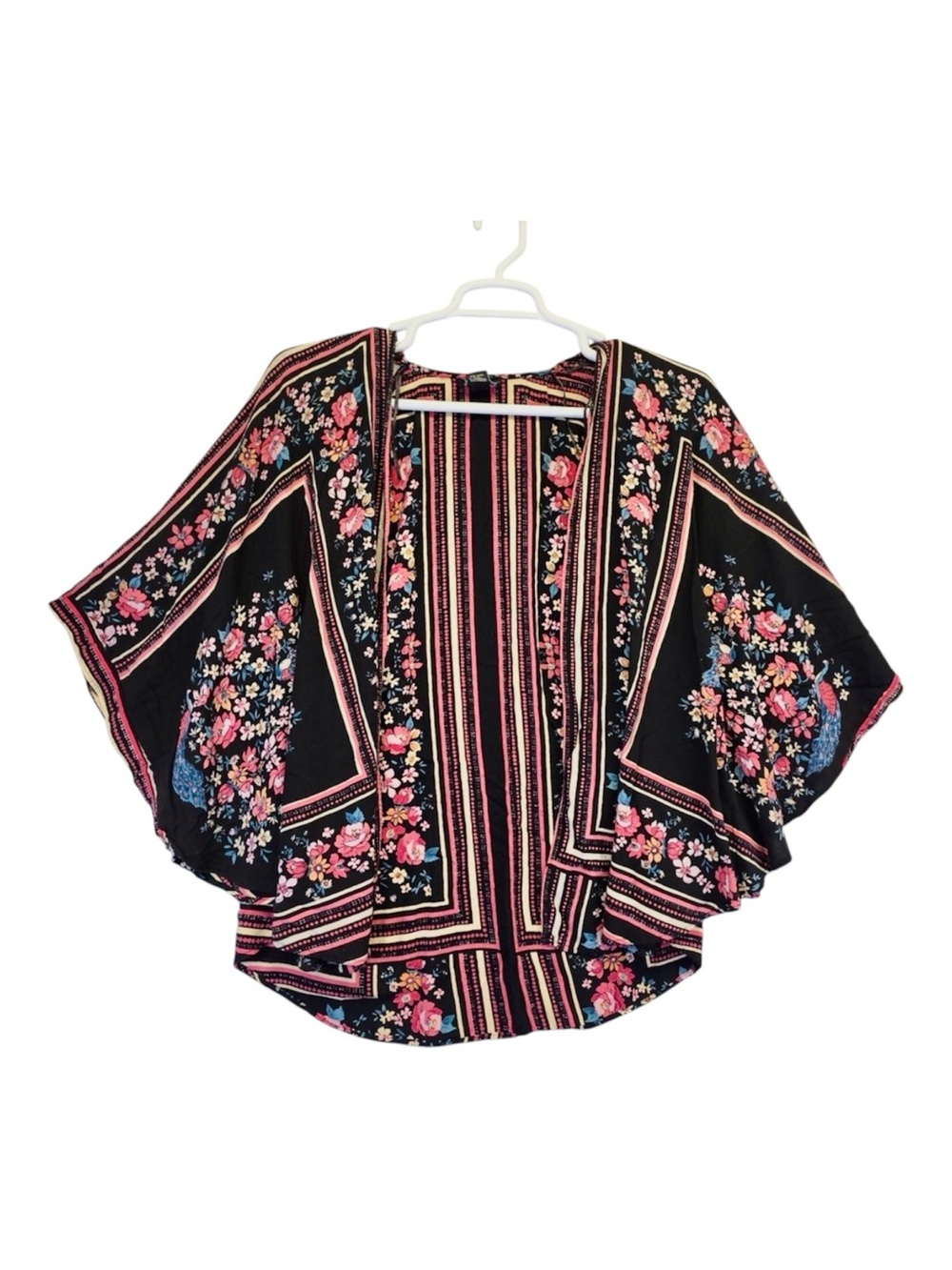 Angie Black Red Pink Floral Stripe Open-Front Kimono, Cold Shoulder, Hi Lo Hem